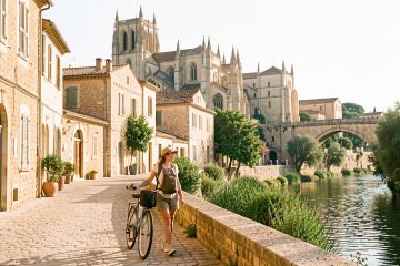 Une voyageuse explore à pied le centre historique de Béziers avec un vélo, dans une ambiance méditerranéenne lumineuse.