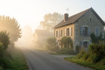 Route de campagne paisible en Haute-Vienne au petit matin, bordée de brume et menant à une discrète maison d’hôtes en pierre.