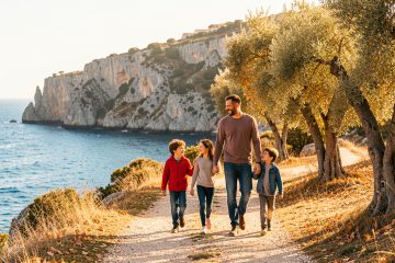 Une famille composée d’un homme, d’une femme et de deux enfants se promène sur un sentier côtier ensoleillé du sud de la France à l’automne.