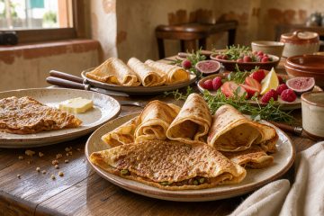 Table chaleureuse d'une crêperie montpelliéraine présentant des galettes salées et des crêpes sucrées dans une ambiance méditerranéenne.