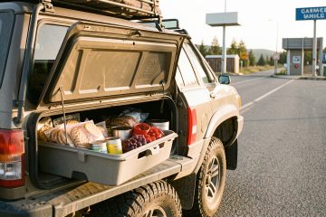 Voiture de road trip canadienne garée près d’un poste frontalier, avec une glacière ouverte contenant des biscuits emballés, des fruits secs et des conserves, éclairée par la lumière matinale.